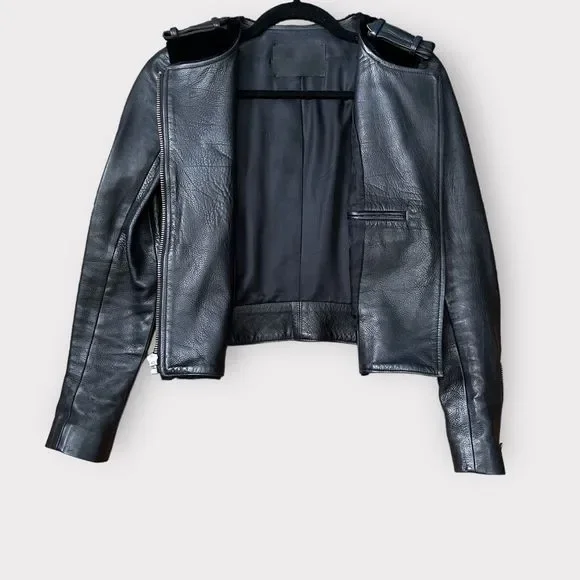 ALC Sadie Leather & Fur Jacket 0 Black Womens Moto Motorcycle Biker A.L.C. - Picture 6 of 9